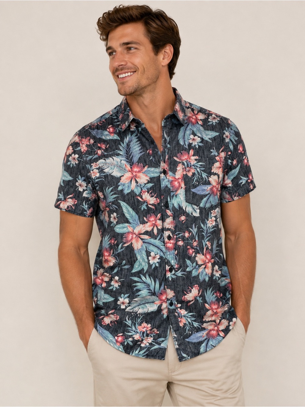 Cactus Premium Cotton Tropical Floral Button-Up Shirt – Slim Fit – Men’s Medium